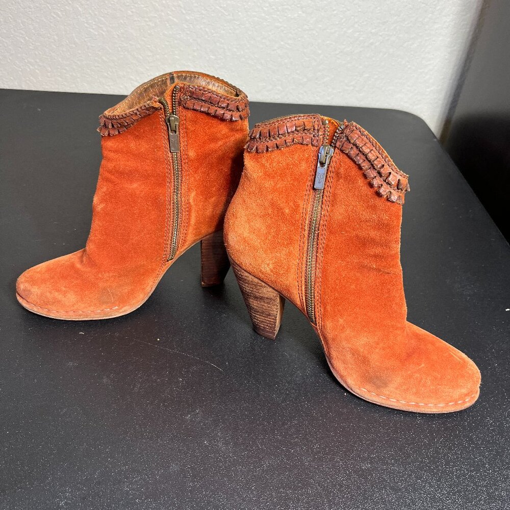 Frye Orange Suede Ankle Booties with Stacked Heel